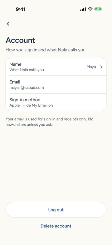 Account settings with Log out and Delete account