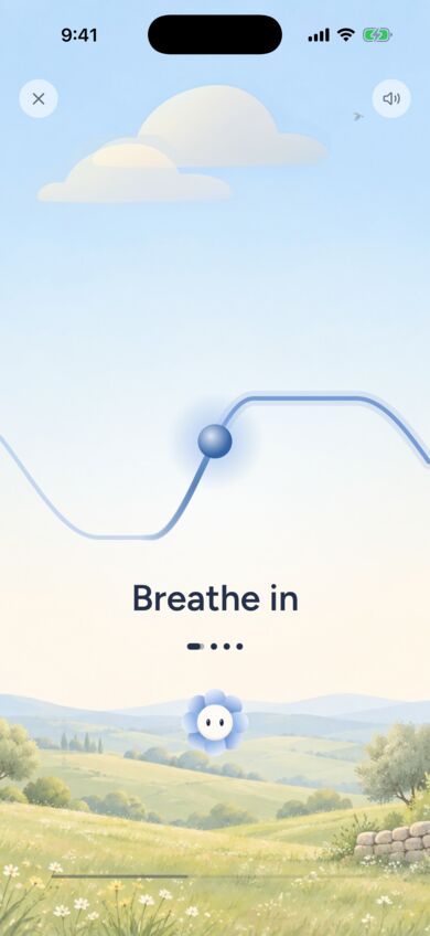 Breathing in Nola by day: Breathe in, a light on a wave over a meadow, Nola below