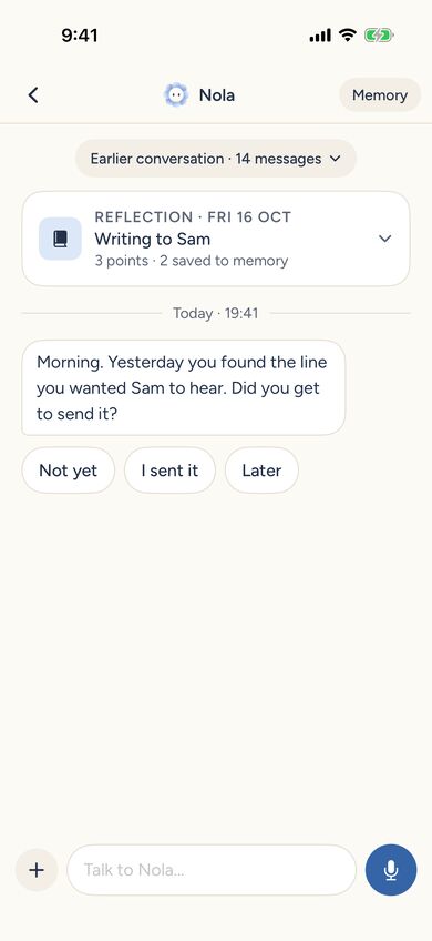 Nola chat: she follows up on yesterday's talk about writing to Sam