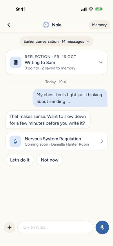 Nola chat suggesting a short practice before writing a message