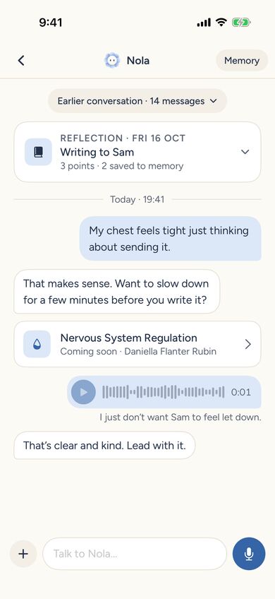 Nola chat with a voice note and a suggested session, Nervous System Regulation