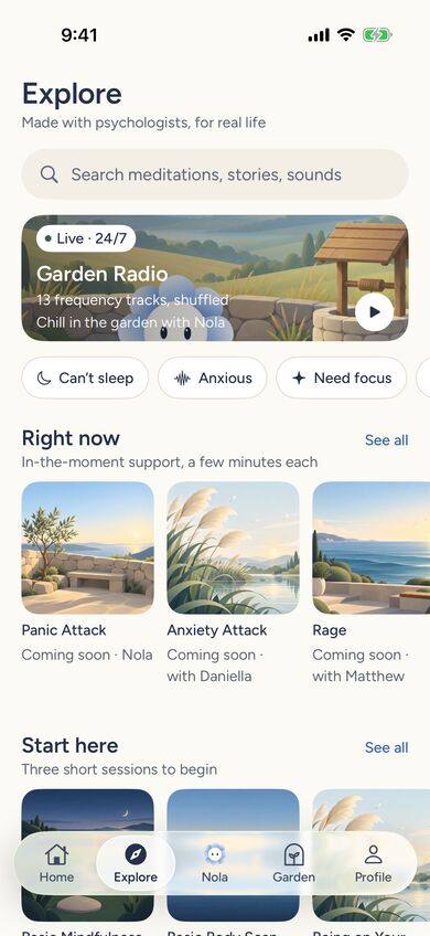 Explore screen: Garden Radio live 24/7, and Right now sessions such as Panic Attack, Anxiety Attack and Rage