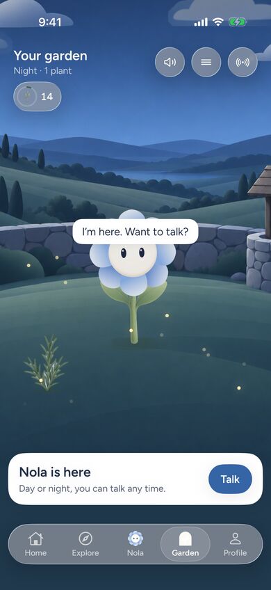 The garden at night: Nola is awake and says I'm here. Want to talk?