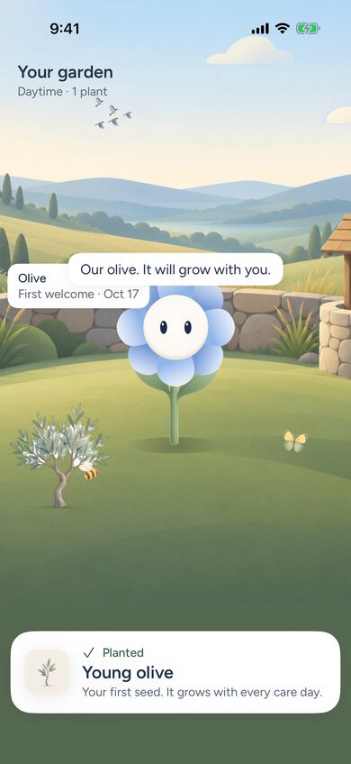 Your garden with a young olive just planted: Our olive. It will grow with you.