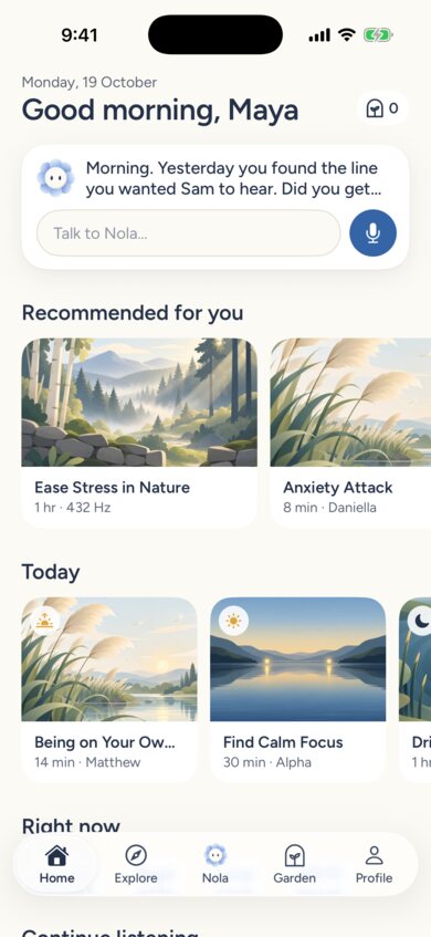 Nola home screen: Good morning, a follow-up from Nola, Talk to Nola, and practices recommended for you